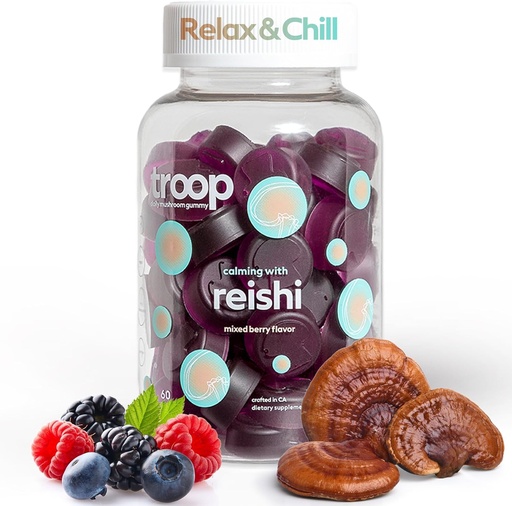 [BRSRMBQOBMIWK2TJ] Troop Reishi Mushroom Gummies - Calming Gummies para adultos e nenos - Focus Supplement for Stress, Relaxation, Immune Support - 4000mg Triple-Exlonging Body - Mixed Berry, 60 Count