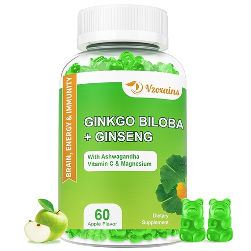 [BRSROFQ2OZ7BGCA2] 240MG Ginkgo Biloba Gummies with Ginseng and Magnesium, Ginko Biloba Supplements Gummies for Brain Focus, Mood and Memory for Adults, 60 Cts