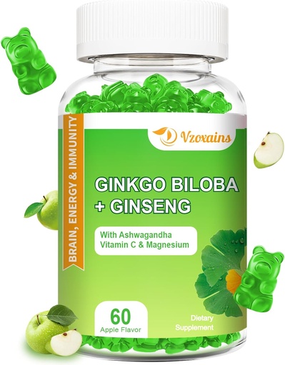 [BRSROFQ2OZ7BGCA2] 240MG Ginkgo Biloba Gummies with Ginseng and Magnezyum, Ginko Biloba Supplements Beyin Focus, Mood and Memory for Yetişkinler, 60 Cts