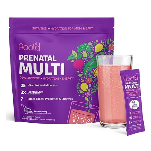 [BRSROBI7BN7QA3AU] Root'd Prenatal Multivitamin Powder with 3X Electrolytes - 25 Vitamins & Minerals, Folate, Iron, Vitamin D3, 7 Superfoods & Probiotics, Sugar-Free Vitamins & Hydration | 24 Vitamin Drink Mix Packets