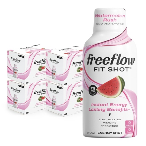 [BRSROZAHOF6AOGQ4] Freeflow Fit Energy Shots, Watermelon Rush, Natural Caffeine Boost with L-theanine, Ginseng, Vitamins, Prebiotics, Electrolytes (24 Count, 2oz Shots)