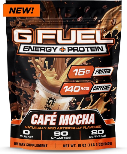 [BRSRAZT4DEIROGTK] G Fuel Protein + Energy Drink Powder, Pre Workout Caffeine Mix for Gaming, Sugar Free Focus Amino, Vitamin + Antioxidants, 19oz (Cafe Mocha, 20 Servings)