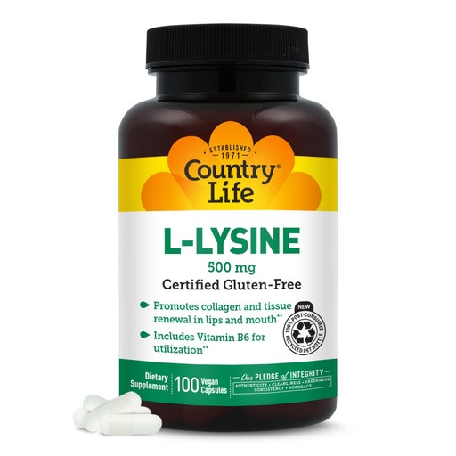 [BRSWIYT3OMAB42I3] Country Life L-Lysine 500mg with B-6, Supports Immune Health, Promotes Collagen Renewal in Lips and Mouth, 100 Vegan Capsules, Certified Gluten Free, Certified Vegan