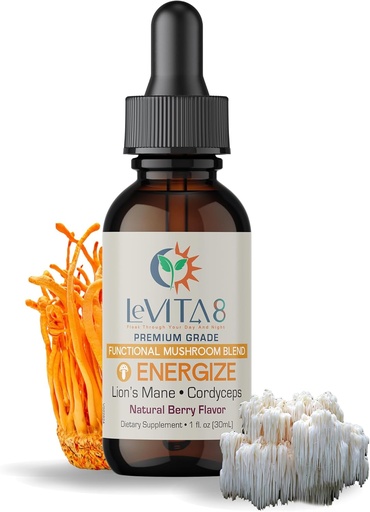 [BRSRAGQFB4MGCH36] LeVITA8 Premium Mushroom Drops for Adults - 100% Natural Berry Flavor - Synergistic Blend of Lions Mane Liquid, Cordyceps Extract & B12 - Fast Absorbing Drop (1oz, 30 Days Supply)