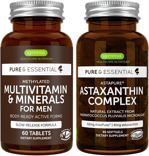 [BRSRAGAZAR4AMEQU] Multivitamin & Minerals for Men + Astaxanthina Complex Vegan Bundle, Trwała Release Advanced Multivitamin + 4 mg H. Pluvialis Natural Astaxanthina, by Igennus