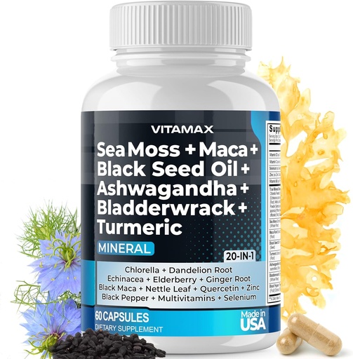 [BRSROFI2BUIRGCDO] Sea Moss Maca Black Seed Oil Ashwagandha Bladderwrack Açafrão - Manuka Honey, Elderberry, Vitamina C & D3, Dandelion & Black Pepper - Não-GMO - Vegan - Made in USA - 60ct