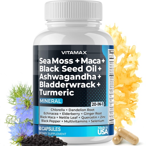 [BRSROFI2BUIRGCDO] Sea Moss Maca Black Seed Oil Ashwagandha Bladderwrack Turmeric - Manuka Honey, Elderberry, Vitamin C & D3, Dandelion & Black Pepper - Non-GMO - Vegan - Made in USA - 60ct