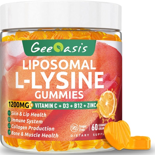 [BRSRAA3RC4DQ2CYY] Liposomal L-lysine Gummies 1200mg, Lysine Chewable Supplement with Vitamin C, D3, B12 & Zinc for Adults & Kids, Immune & Collagen Support, Lips & Skin Health, Vegan, Natural Fruit Flavor, 60CT