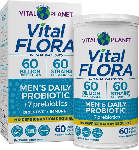 [BRSWYBT6CF6RSGTH] Planeta Vital - Probióticos Vital Flora para Hombres, 60 Billones CFU, 60 Strains Diversos, 7 Prebióticos Orgánicos, Estante Diario de Hombre Probiótico Estable para Apoyo Inmunitario, Alivio de Gas, Salud Digestiva 60 cápsulas