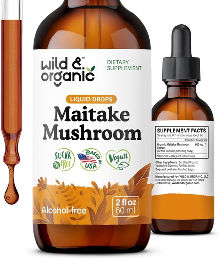 [BRSRAGQFC4JQACDB] Wild & Organic Maitake Mushroom Drops - Liquid Mushroom Supplement for Immune Support - Maitake Extract Tincture - Vegan, Sugar & Alcohol-Free - 2 fl oz