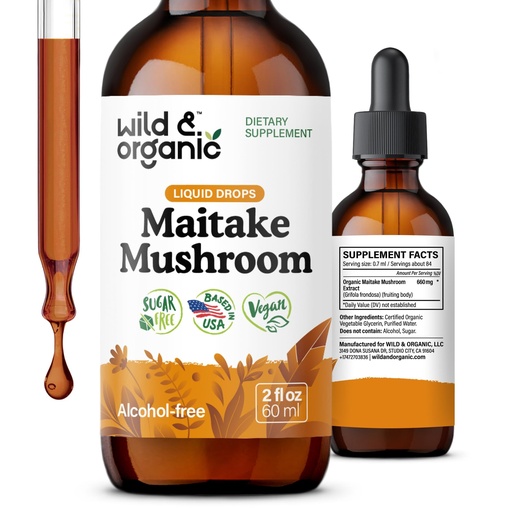 [BRSRAGQFC4JQACDB] Wild & Organic Maitake Mushroom Drops - Liquid Mushroom Supplement for Immune Support - Maitake Extract Tincture - Vegan, Sugar & Alcohol-Free - 2 fl oz