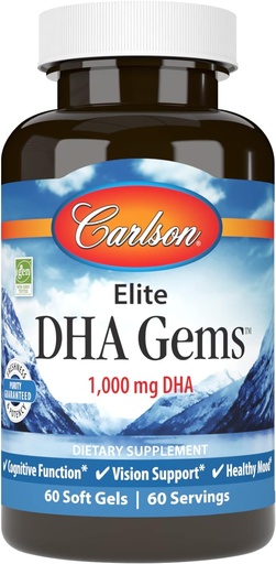 [BRSWECQ2BB4BUDT3] Carlson - Elite DHA Gems, 1000 mg DHA, Wild Caught, kestävästi lähde, aivotoiminta & terve visio, 60 Softgels
