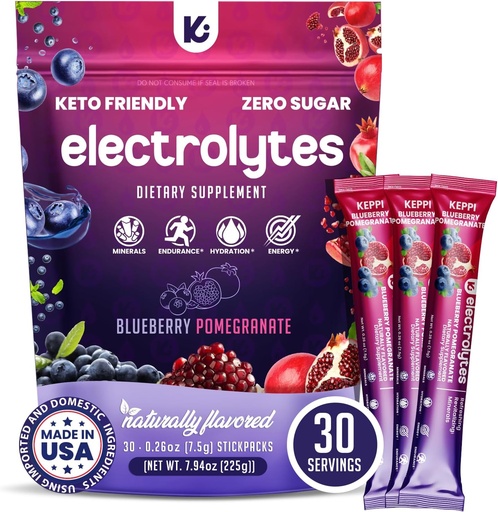 [BRSRAZAYCIFBGYL3] Keppi Electrolytes Powder Packets - Blueberry Gránátalma 30 Servings - No Sugar Hydration Supplement with Kálium, Magnézium, Nátrium - Keto, Vegan, Fasting- Friendly, Zero Calorie Hydration Packs