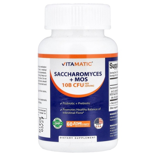 [BRSRAYAYOEIAAEI4] Vitamatic Saccharomyces Boulardii Probiotic 10B per Serving + Yeast Extract (MOS Yeast Fraction) 300 mg - 60 DR Capsules - Made in the USA