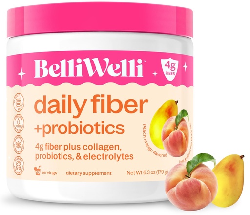 [BRSRAEIFAQAREE3B] BelliWelli Fiber Supplement for Women & Men – Premium Daily Fiber Powder from Organic Acacia with Added Collagen, Electrolytes & Probiotics – No Bloat, Constipation & Gut Health Support (Peach Mango)