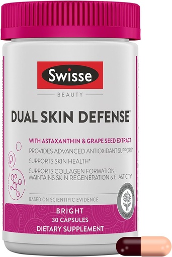 [BRSRAHQ3CMPRU2TL] Swisse Beauty Dual Skin Defense Supplement | Astaxanthin, Grape Seed Extract, and Vitamin C | Supports Collagen Formation, Skin Elasticity, Antioxidant Protection & Regeneration | 30 Capsules