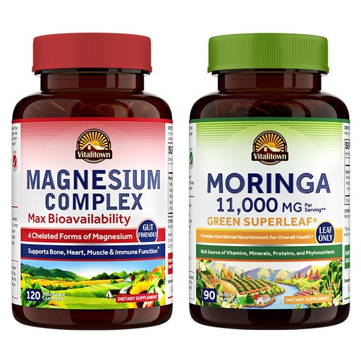 [BRSRAGA3OAHGEGTU] Vitalitown Magnesium + Moringa Bundle (Pack of 2) | Magnesium Complex (Item 1) & Moringa (Item 2) | 120 Magnesium Capsules & 90 Moringa Capsules