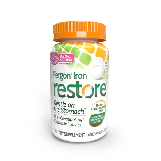 [BRSWY2QODN5WC3D4] Fergon Iron Restore Chewable Tablets - Gentle on Stomach, Non-Constipating - 27mg Iron for Energy Support – 60 Tablets