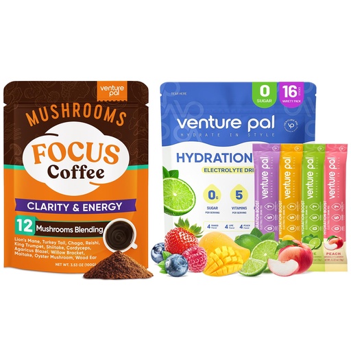 [BRSRAHYHCABREFDD] Venture Pal Mushroom Coffee & Electrolyte Powder Bundle: 12 in 1 Coffee with Ashwagandha for Focus & Immunity + Sugar-Free Electrolyte Packets with 5 Vitamins & 7 Electrolytes - 40 Servings & 16 Stick
