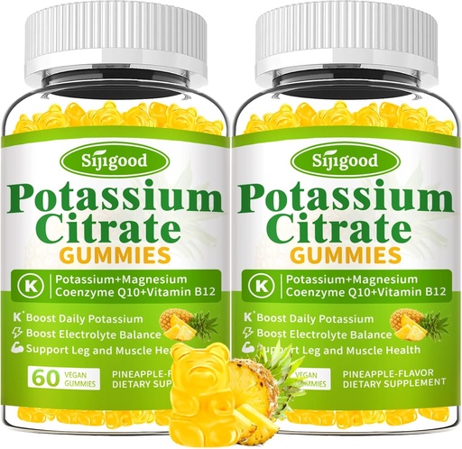 [BRSRAAICOYIRYAA3] 2 Pack Potassium Citrate Gummies – High Potency Potassium Supplement for Muscle Health, Leg Cramp Relief, Electrolyte Balance – Vegan, Non-GMO, Gluten-Free, Pineapple Flavor, 120 Count