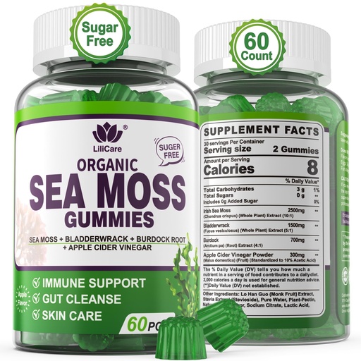 [BRSWYFATCUJQAYAU] Sea Moss Gummies - Irish Sea Moss Gummies for Adults & Kids - Advanced Superfood Seamoss Supplement + Bladderwrack & Burdock Root Extract，ACV for Daily Immune, Gut Cleanse, Vegan, Sugar Free, 60 Cts