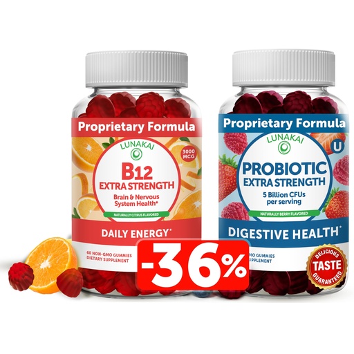 [BRSW2HALBYCGEC34] Lunakai Vitamin B12 and Probiotic Gummies Bundle - 3000 mcg Gummy for Adults Energy Support and Bone Health - 5 Billion CFUs Per Serving for Digestive Gut Health with Vitamin C for Women & Men