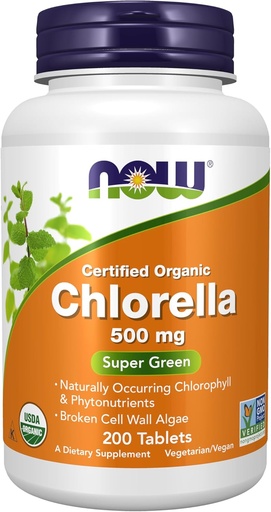[BRSWIYA7A5YRMH3Y] NOW Foods Supplements, Organic Chlorella 500 mg z naravno prisotnim klorofilom, beta karotenom, mešanimi karotenoidi, vitaminom C, železom in beljakovinami, 200 tablet