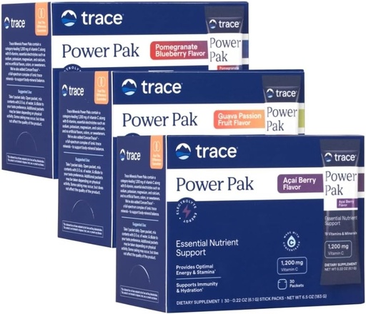 [BRSWGHT5OZYGY2AZ] Trace Minerals Power Pak Multivitamin and Multimineral Packets - Electrolyte Support - 1200 mg Vitamin C Plus 70 Acai Berry, Blueberry Pomegranate and Guava Variety - 90 Packets