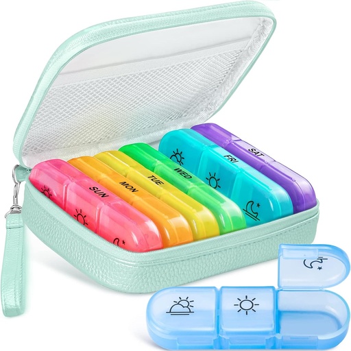 [BRSRMCAKDMNQ2C3D] Cute Pill Organizer 3 Times a Day, Large Daily Pill Case for Women, Portable Pill Box 7 Day for Purse with Bag & Zipper to Hold Vitamins, Medications, Fish Oils, Supplements (Cyan Blue)