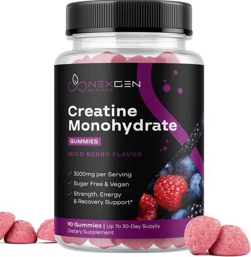 [BRSRAZI5BAPWKD3K] Sugar Free Creatine Monohydrate Gummies - Vegan Creatine Gummies for Women & Men with 3000mg per 3 Creatine Chews Supports Energy & Recovery - Gluten Free & Non-GMO - Wild Berry Flavor 90ct