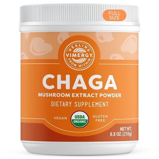 [BRSWIEIDOIIRMEY5] VIMERGY USDA Organic Wild Chaga Mushroom Extract Powder, 166 Servings – Ideal in Chaga Tea, Coffee, Smoothies – Cardiovascular Support - Kosher, Vegan, No Gluten, Paleo - Pure Chaga, No Fillers (250g)