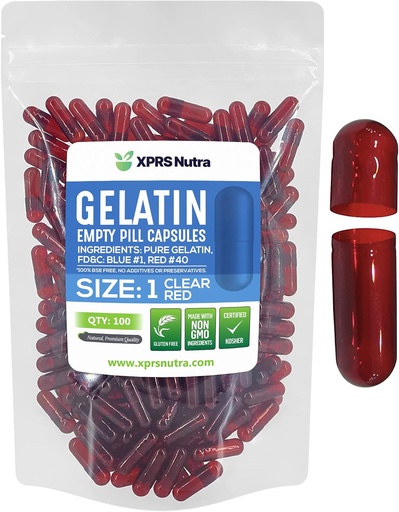 [BRSW2ZQHOUBQE3T2] XPRS Nutra Size 1 Empty Capsules - 100 Count Colored Empty Gelatin Capsules - Pill DIY Supplement Capsule Filling - Fillable Color Gel Caps Pills for Do-It-Yourself Supplements (Clear Red)