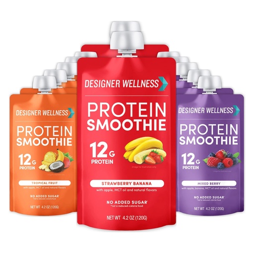 [BRSW2GI7BB7ROHYY] Designer Wellness Protein Smoothie, Real Fruit, 12g Protein, Low Carb, Zero Added Sugar, Gluten-Free, Non-GMO, No Artificial Colors or Flavors, Variety Pack, 12 Count