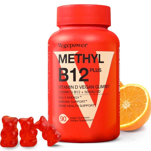 [BRSW2CYBPMARQAD5] Vitamin B12 D3 Vegan Gummies - 90 Count I 1000 MCG Methyl B12 & 5000 IU Vitamin D Gummy Chewable Supplements for Adults & Kids - Immune Health & Daily Energy Boost - Non-GMO, Orange
