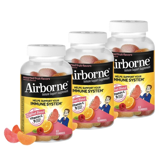 [BRSWGFL6PIPGGCAZ] Airborne 750mg Vitamin C Immune Support Supplement Gummies for Adults, Assorted Fruit Flavor, Gluten Free Crafted Blend with Powerful Antioxidants Vitamins A C & E, 63 Gummies (3 Pack)