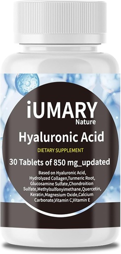 [BRSRAHAYCIHQI3D2] Suplementos de ácido hialurónico, 850 mg Acido dietético hialurónico alto biodisponible - Soporte conjunto avanzado con colágeno hidrolizado, Turmérico, Glu-cosamina, MSM, vitamina C – 30 Tabletas (Pack of 1)