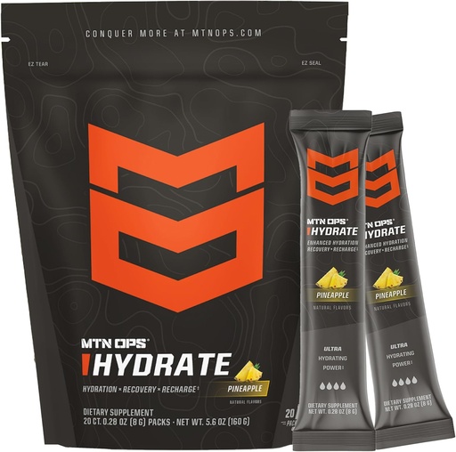 [BRSRAGQBB4FBMGQU] MTN OPS Hydrate 전해질 분말 음료 믹스, 20 단일 서빙 온-고 전해질 팩 1000mg 이상 서빙 당 Electrolytes, 파인애플