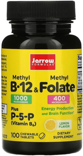[BRSWIHIODMBWMYDO] Jarrow Formulas Metil B- 12 & Metil Folate - 100 rágótabletta, citrom - 2-es csomag - Bioaktív B12-vitamin & B9 - Támogatja az energiatermelést, az agyműködést és a metabolizmust - 200 teljes szervadék