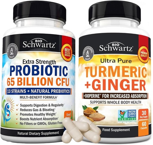 [BRSRABL5AAMAG2YY] Organic Turmeric Curcumin and Ginger Supplement (1 Month Supply) Plus 65 Billion CFU Daily Probiotic Supplement (1 Month Supply)