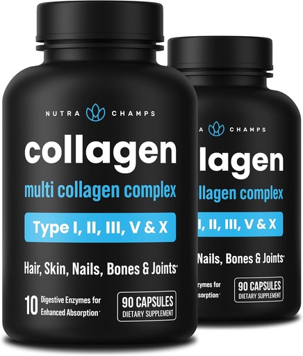 [BRSWGBITAEOQY3YU] NutraChamps Multi Collagen Pills, Types I,II,III,V,X, Double Hydrolyzed Collagen Peptides Powder Capsules, Protein Supplement for Women & Men, 180 Capsules (Pack of 2)