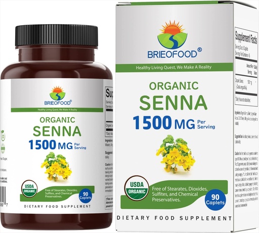 [BRSRMZDQCJ6A23LB] Brieofood Organic Senna 1500мг, 45 Сервінги, Вегетаріанський, клейковина Безкоштовно, 90 Вегетаріанські таблетки