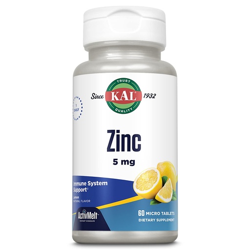 [BRSWIEAZBIDRGELY] KAL Zinc 5mg Tablets - Zinc Supplements for Women and Men, Immune Support, Fast-Dissolve for Optimal Absorption, Natural Lemon Flavor, Vegetarian - 60 Micro Tablets