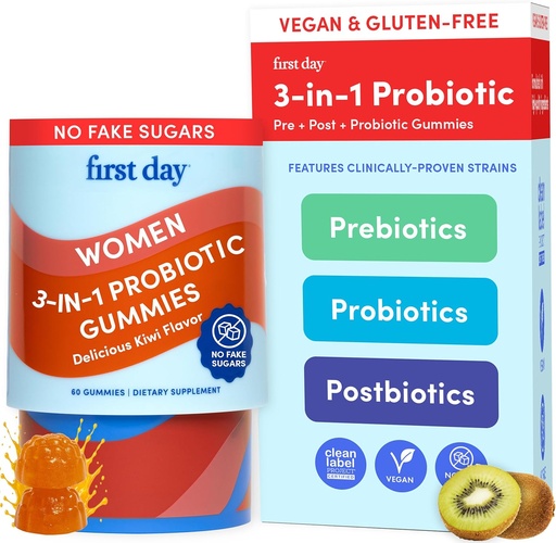 [BRSREZAOOENRYAIV] First DAY Womens 3-in-1 Gummies Probiotikoak - Prebiotikoak + Probiotikoak + Postbiotikoak - Digestioa eta Oral Osasuna, Funtzio Inmunoa eta Energia mailak onartzen ditu - 30 eguneko hornidura