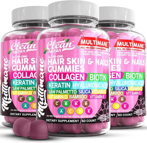 [BRSRAFA2BEHQIHI7] Multimane Collagen Gummies with Biotin Keratin Hyaluronic Acid Bamboo Vitamin A C Vitamin D Vitamin E Folate Saw Palmetto Silica B3 Vitamins Hair Skin and Nails Gummies by Clean Nutra