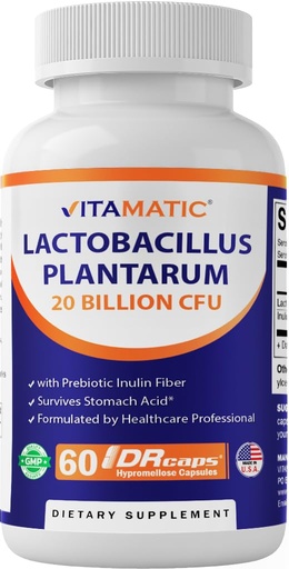 [BRSROGAYB4FG2CIY] Vitamatic Lactobacillus Plantarum - 20 Billion per DR Capsule - 60 Count - Digestive Support - Made with Prebiotic Inulin Fiber