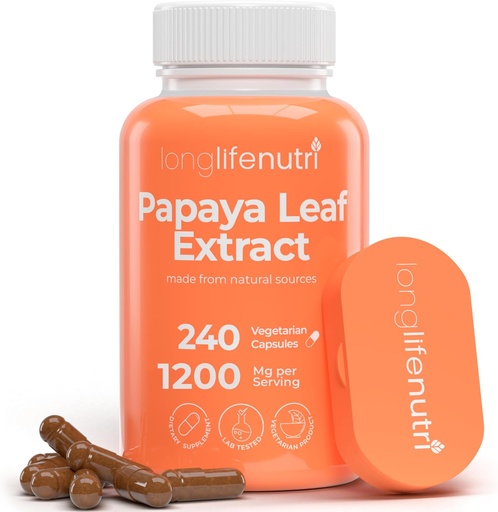 [BRSRAFD2OEBQIFY7] LongLifeNutri Papaya Leaf Extract Supplement 1,200mg zerbitzatu bakoitzeko - 240 Vegetarian kapsulak, 4-Month Supply, Carica Papaya-tik Daily Wellness-erako, GMP Certified, Estatu Batuetan egina