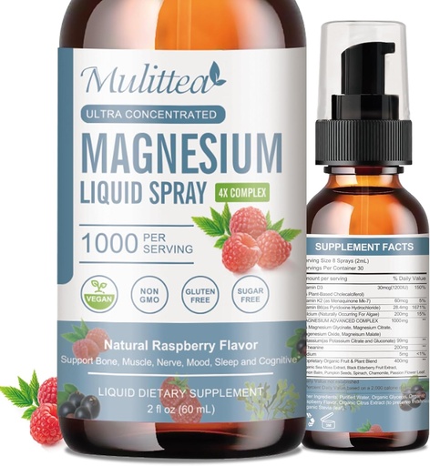 [BRSRAGDRC4PAIELL] Magnesium Glycinate Liquid with Citrate, Taurate, Malate-Magnesium Complex Drops Spray w/Potassium L-Theanine-High Absorption -Vegan, Sugar Free, 2 Fl.oz