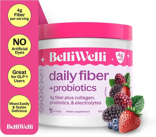 [BRSRAEIFC4BQ22TZ] Belli Welli Fiber Supplement for Women &amp; Hombres – Premium Daily Fiber Powder from Organic Acacia with Added Collagen, Electrolytes & Probiotics – No Bloat, Constipation " Gut Health Support (Wild Berry)