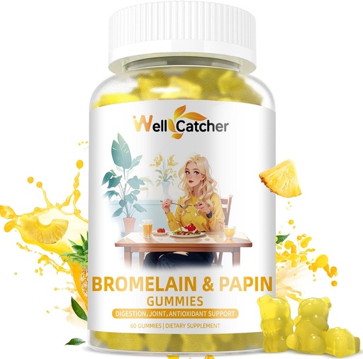 [BRSRAGQKDIBGAEIY] Bromelain Papain Enzyme Gummies Supplement: Bromelain 500MG with Querectin Gummies for Adults Kids, Organic Bromelain Papaya Enzymes Chewable for Digestive Support Immunity Antioxidant Vegan 60CT