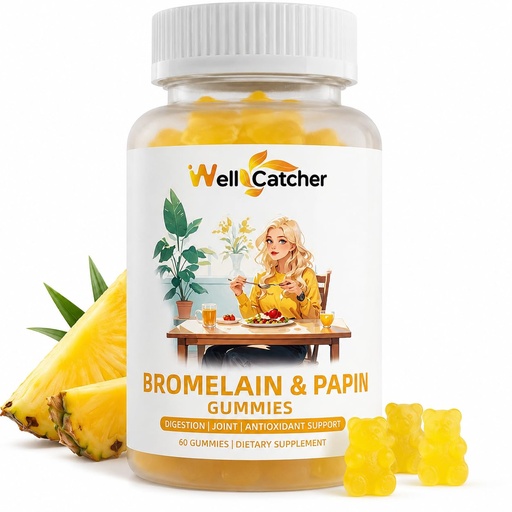 [BRSRAGQKDIBGAEIY] Bromelain Papain Enzyme Gummies: 500mg Bromelain with Quercetin, Papaya Enzyme, Turmeric & Vitamin C, Digestive Support Supplement for Adults Kids, Organic Sugar Free Vegan Pineapple Flavor 60 Count